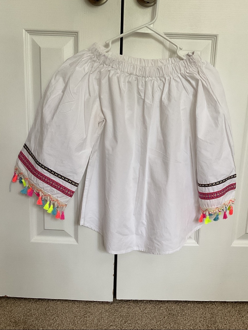 SHEIN White Off-Shoulder Crop Top with Neon Tassel Detail
